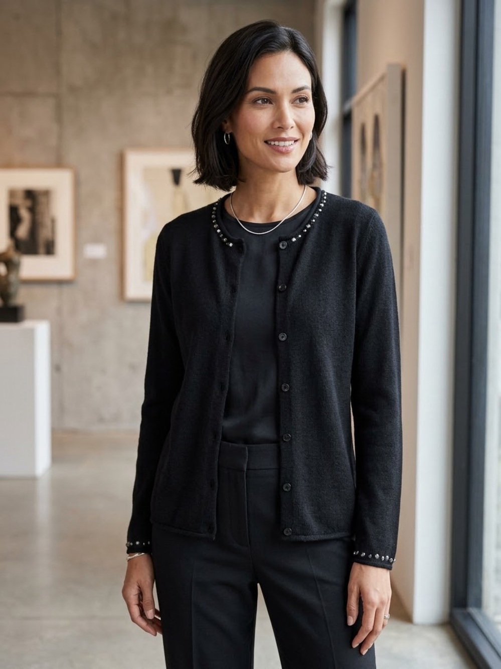 M F H knits Women's Black Alpaca Stud-Trim Crewneck Cardigan S made in Peru.